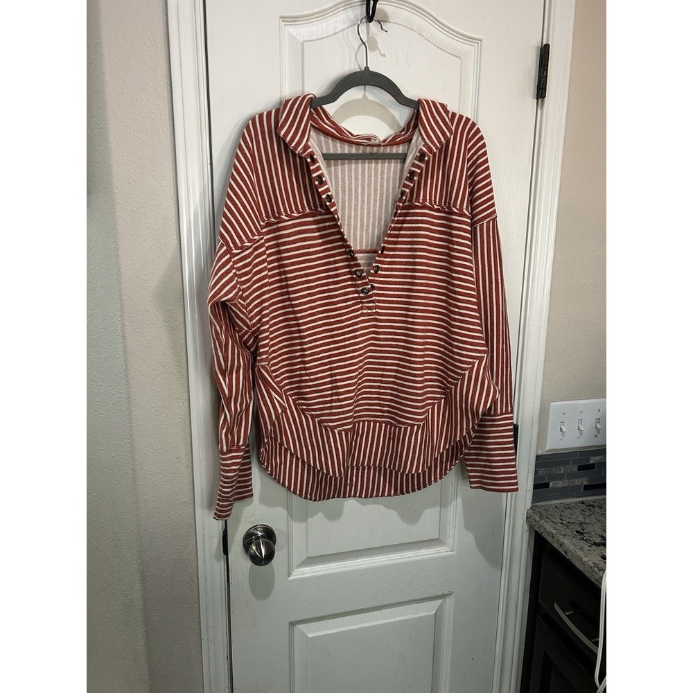 anthropologie Pilcro Spliced Henley Stripe Top Sweatshirt Sz L Oversized Coral